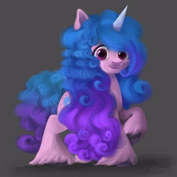 Size: 3893x3893 | Tagged: safe, artist:ailatf, imported from derpibooru, izzy moonbow, pony, unicorn, cute, female, g5, gray background, high res, hoof fluff, i really like her mane, izzybetes, looking at you, mare, raised hoof, simple background, smiling, solo, unshorn fetlocks