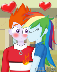 Size: 1580x2016 | Tagged: safe, artist:cyber-murph, imported from derpibooru, heath burns, rainbow dash, oc, equestria girls, background human, blushing, canon x oc, canterlot high, cheek kiss, cute, eyes closed, female, heart, kiss on the cheek, kissing, male, rainbowburns, shipping, signature, straight