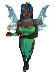 Size: 640x856 | Tagged: safe, artist:teafork, imported from derpibooru, queen chrysalis, human, armor, clothes, crown, dark skin, dress, drink, female, horn, horned humanization, humanized, jewelry, looking at you, looking up, looking up at you, regalia, simple background, solo, white background, winged humanization, wings