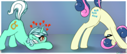 Size: 1004x429 | Tagged: safe, artist:llametsul, imported from derpibooru, bon bon, lyra heartstrings, sweetie drops, earth pony, pony, unicorn, ass up, atg 2021, couple, cute, cutie mark, downward dog, eyes on the prize, face down ass up, female, floating heart, heart, heart eyes, lesbian, looking at butt, looking at each other, looking between legs, love, lyrabetes, lyrabon, mare, newbie artist training grounds, shipping, wingding eyes, yoga