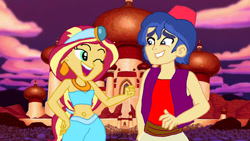 Size: 1280x720 | Tagged: safe, artist:ktd1993, imported from derpibooru, flash sentry, sunset shimmer, equestria girls, aladdin, disney, female, flashimmer, male, shipping, straight