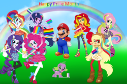 Size: 3000x2000 | Tagged: safe, artist:magical-mama, artist:matrixchicken, artist:sugar-loop, artist:user15432, imported from derpibooru, applejack, fluttershy, pinkie pie, rainbow dash, rarity, sci-twi, spike, sunset shimmer, twilight sparkle, alicorn, dog, human, equestria girls, armpits, asexual, asexual pride flag, asexuality, barely eqg related, bisexual, bisexual pride flag, cowboy hat, crossover, crossover shipping, female, flag, flag pole, flower, flower in hair, gay pride, gay pride flag, genderqueer, genderqueer pride flag, hand on hip, hat, high res, holiday, humane five, humane seven, humane six, intersex, intersex pride flag, lesbian, lesbian pride flag, looking at you, male, mane seven, mane six, maridash, mario, mariopie, marioshy, multicolored hair, nintendo, pansexual, pansexual pride flag, pegasus wings, polyamory, polyamory pride flag, ponied up, pride, pride flag, pride month, rainbow, rainbow flag, rainbow hair, rose, shipping, spike the dog, straight, super mario bros., twilight sparkle (alicorn), wings
