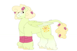 Size: 1280x854 | Tagged: safe, artist:itstechtock, imported from derpibooru, oc, oc only, oc:sunshine, pegasus, pony, colored wings, curly hair, female, flower, flower in hair, leonine tail, mare, multicolored wings, offspring, parent:mountain haze, parent:whoa nelly, parents:mountainnelly, simple background, solo, unshorn fetlocks, white background, wings