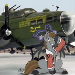 Size: 768x768 | Tagged: safe, artist:theuzbee, imported from derpibooru, oc, oc only, oc:devin, oc:gotha, bat pony, pony, aviation, b-17 flying fortress, b17, bat pony oc, bat wings, bomber, bomber jacket, captain, clothes, digital art, jacket, landing strip, male, markings, military, pilot, pinup, plane, propeller, salute, sitting, smiling, solo, stallion, text, turret, usaf, wings, world war ii