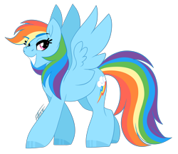 Size: 4830x4185 | Tagged: safe, artist:inspiredpixels, imported from derpibooru, rainbow dash, pegasus, pony, absurd resolution, backwards cutie mark, eyebrows, eyebrows visible through hair, female, lidded eyes, looking at you, mare, simple background, smiling, smiling at you, solo, spread wings, transparent background, wings