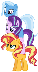 Size: 1024x1932 | Tagged: safe, artist:emeraldblast63, imported from derpibooru, starlight glimmer, sunset shimmer, trixie, pony, unicorn, equestria girls, female, grin, magical trio, pony pile, simple background, smiling, teeth, tower of pony, transparent background, trio, trio female, vector, we bare bears