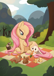 Size: 1024x1449 | Tagged: safe, artist:anabarana, imported from derpibooru, angel bunny, fluttershy, harry, bird, duck, ferret, pegasus, pony, squirrel, angelbetes, carrot, crossed hooves, cute, duckling, eating, female, food, herbivore, lying down, mare, picnic, picnic blanket, prone, shyabetes, unshorn fetlocks