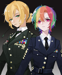 Size: 500x605 | Tagged: artist needed, source needed, safe, artist:feifeiyouji, imported from derpibooru, applejack, rainbow dash, human, clothes, dress uniform, female, gradient background, humanized, military uniform, necktie, straw in mouth, uniform