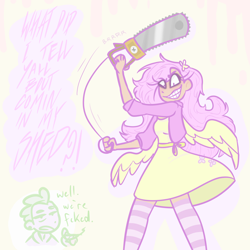 Size: 2048x2048 | Tagged: safe, artist:cheerioclarita, imported from derpibooru, fluttershy, spike, human, .mov, shed.mov, chainsaw, clothes, dialogue, dress, drugs, duo, flower, flower in hair, fluttershed, high res, humanized, marijuana, scene interpretation, socks, solo focus, stoner spike, striped socks, vulgar, winged humanization, wings