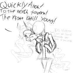 Size: 2000x2000 | Tagged: safe, artist:notawriteranon, princess luna, oc, oc:anon, alicorn, pony, blsuh, dialogue, drunk, eyes closed, monochrome, piggyback ride, simple background