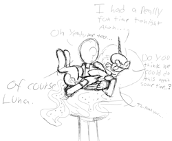 Size: 1930x1583 | Tagged: safe, artist:notawriteranon, princess luna, oc, oc:anon, alicorn, pony, blushing, dialogue, drunk, monochrome, simple background, sketch
