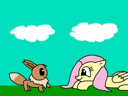 Size: 2000x1498 | Tagged: safe, artist:blazewing, imported from derpibooru, fluttershy, eevee, pegasus, cloud, colored background, curious, drawpile, lying down, newbie artist training grounds, pokémon, prone, raised paw, smiling, surprised