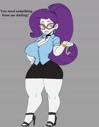 Size: 2800x3600 | Tagged: source needed, safe, alternate version, artist:darkeros13, imported from derpibooru, rarity, equestria girls, bedroom eyes, bracelet, breasts, busty rarity, choker, cleavage, clothes, ear piercing, earring, feet, female, glasses, gray background, hand on hip, high heels, high res, jewelry, makeup, nail polish, piercing, ponytail, shoes, simple background, solo, talking