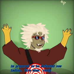 Size: 1080x1080 | Tagged: safe, artist:anha_draw, imported from derpibooru, discord, human, the return of harmony, green background, humanized, male, quote, scene interpretation, signature, simple background, solo, sunglasses, target, white hair