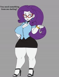 Size: 2800x3600 | Tagged: source needed, safe, alternate version, artist:darkeros13, imported from derpibooru, rarity, equestria girls, bedroom eyes, bracelet, breasts, busty rarity, choker, cleavage, clothes, ear piercing, earring, feet, female, glasses, gray background, hand on hip, high heels, high res, jewelry, makeup, meganekko, nail polish, piercing, shirt, shoes, simple background, skirt, solo, talking