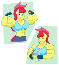 Size: 1640x1802 | Tagged: safe, artist:matchstickman, imported from derpibooru, apple bloom, anthro, earth pony, abs, apple bloom's bow, apple brawn, art trade, bending, biceps, bow, breasts, busty apple bloom, clothes, deltoids, eyes closed, female, fingerless gloves, flexing, flexing muscles, gloves, gritted teeth, hair bow, jeans, looking at you, mare, matchstickman's apple brawn series, muscles, muscular female, older, older apple bloom, pants, pecs, solo, sports bra, vein, vein bulge