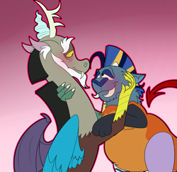 Size: 2628x2559 | Tagged: safe, imported from derpibooru, discord, oc, oc:wulfy, draconequus, canon x oc, couple, discowulf, draconequus oc, gay, high res, looking at each other, looking into each others eyes, male, shipping, smiling, smiling at each other