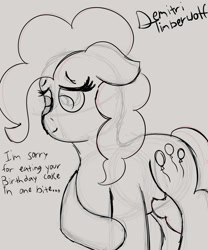 Size: 3000x3600 | Tagged: safe, artist:demitri, imported from derpibooru, pinkie pie, pony, female, floppy ears, high res, looking away, mare, newbie artist training grounds, sketch, solo, speech, tail between legs, talking, text