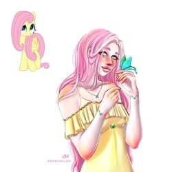 Size: 1080x1080 | Tagged: safe, artist:spaceelan, imported from derpibooru, fluttershy, butterfly, human, pegasus, pony, my little pony: the movie, blushing, clothes, cute, duo, female, humanized, jewelry, mare, necklace, shyabetes, signature, simple background, smiling, white background, wings