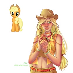 Size: 1080x1080 | Tagged: safe, artist:spaceelan, imported from derpibooru, applejack, earth pony, human, pony, applejack's hat, blushing, choker, clothes, cowboy hat, duo, female, freckles, hat, humanized, mare, one eye closed, signature, simple background, smiling, white background, wink