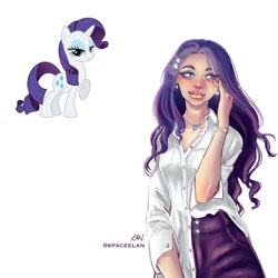 Size: 1080x1080 | Tagged: safe, artist:spaceelan, imported from derpibooru, rarity, human, pony, unicorn, bedroom eyes, bracelet, clothes, duo, eyelashes, female, horn, humanized, jewelry, mare, necklace, raised hoof, signature, simple background, smiling, white background