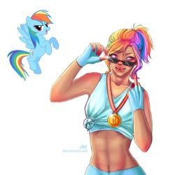 Size: 1080x1080 | Tagged: safe, artist:spaceelan, imported from derpibooru, rainbow dash, human, pegasus, pony, abs, belly button, clothes, duo, female, fingerless gloves, gloves, humanized, mare, medal, midriff, open mouth, rearing, signature, simple background, smiling, sunglasses, white background, wings