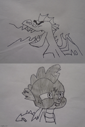 Size: 500x750 | Tagged: safe, alternate version, artist:spikeabuser, imported from derpibooru, garble, spike, dragon, sweet and smoky, abuse, black and white, burned, drawing, fire, go to sleep garble, grayscale, male, monochrome, op is a duck, op is an artistic duck, op is on drugs, op is trying to start shit, scene interpretation, shitposting, spikeabuse