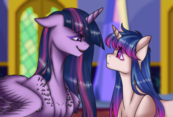 Size: 1596x1080 | Tagged: safe, artist:jvartes6112, imported from derpibooru, twilight sparkle, oc, oc:twinkle star, alicorn, pony, unicorn, bust, duo, duo female, female, horn, indoors, mare, mother and child, mother and daughter, offspring, parent:flash sentry, parent:twilight sparkle, parents:flashlight, smiling, twilight sparkle (alicorn), unicorn oc, wings
