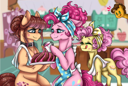 Size: 1596x1080 | Tagged: safe, artist:jvartes6112, imported from derpibooru, cheese sandwich, li'l cheese, pinkie pie, oc, oc:candy key, earth pony, pony, the last problem, apron, cake, clothes, collar, colt, eyes closed, family, female, filly, food, indoors, kitchen, licking, licking lips, male, mare, naked apron, offspring, parent:cheese sandwich, parent:pinkie pie, parents:cheesepie, smiling, stallion, tongue out, tray