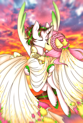 Size: 1080x1596 | Tagged: safe, artist:jvartes6112, imported from derpibooru, fluttershy, oc, oc:jv6112, alicorn, pegasus, pony, alicorn oc, braid, bridal carry, canon x oc, carrying, clothes, cloud, dress, eyes closed, female, flying, horn, kissing, male, mare, outdoors, shipping, stallion, straight, unshorn fetlocks, wedding dress, wings