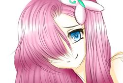 Size: 798x540 | Tagged: safe, artist:jvartes6112, imported from derpibooru, fluttershy, human, bust, female, hair over one eye, hairclip, humanized, simple background, smiling, solo, white background