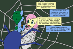 Size: 1526x1029 | Tagged: safe, artist:dzamie, imported from derpibooru, fluttershy, hybrid, monster pony, original species, spider, spiderpony, bondage, cocoon, colored, dialogue, digital art, food, newbie artist training grounds, spider web, tea