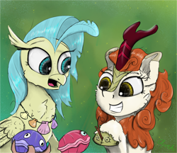Size: 2100x1817 | Tagged: safe, artist:chopsticks, imported from derpibooru, autumn blaze, princess skystar, shelldon, shelly, hippogriff, kirin, my little pony: the movie, atg 2021, autumn blaze's puppet, cheek fluff, chest fluff, cloven hooves, duo, duo female, female, jewelry, mare, necklace, newbie artist training grounds, open mouth, shell, smiling, stick, unshorn fetlocks