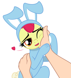 Size: 985x1085 | Tagged: safe, artist:lockerobster, edit, imported from derpibooru, apple bloom, earth pony, pony, adorabloom, animal costume, bunny bloom, bunny costume, bunny suit, clothes, costume, cute, female, filly, floating heart, hand, heart, looking at you, one eye closed, open mouth, open smile, petting, smiling