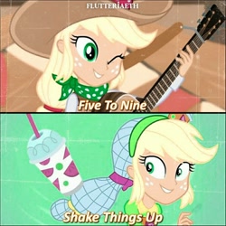 Size: 1080x1080 | Tagged: safe, edit, edited screencap, editor:flutteriaeth, imported from derpibooru, screencap, applejack, eqg summertime shorts, equestria girls, equestria girls series, five to nine, shake things up!, cowboy hat, cute, female, guitar, hat, jackabetes, musical instrument, one eye closed, smiling, solo