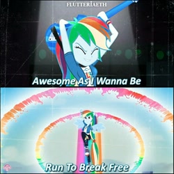 Size: 1080x1080 | Tagged: safe, edit, edited screencap, editor:flutteriaeth, imported from derpibooru, screencap, rainbow dash, equestria girls, equestria girls series, rainbow rocks, run to break free, spoiler:eqg series (season 2), awesome as i want to be, bass guitar, clothes, cute, cutie mark, cutie mark on clothes, dashabetes, eyes closed, female, geode of super speed, hoodie, jewelry, magical geodes, musical instrument, necklace, ponied up, shoes, smiling, sneakers, solo, wings