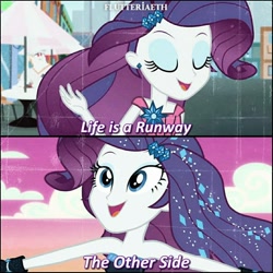 Size: 1080x1080 | Tagged: safe, edit, edited screencap, editor:flutteriaeth, imported from derpibooru, screencap, bulk biceps, rarity, equestria girls, equestria girls series, life is a runway, rainbow rocks, the other side, bare shoulders, cute, eyes closed, female, hairpin, male, open mouth, raribetes, sleeveless, smiling, strapless