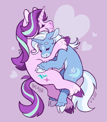 Size: 830x948 | Tagged: safe, artist:beyhr, imported from derpibooru, starlight glimmer, trixie, pony, unicorn, cloven hooves, cuddling, eyes closed, female, heart, hug, lesbian, shipping, startrix, unshorn fetlocks