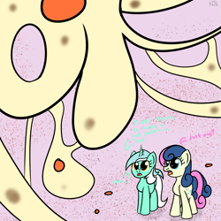 Size: 1999x1999 | Tagged: safe, artist:dafiltafish, imported from derpibooru, bon bon, lyra heartstrings, sweetie drops, earth pony, pony, unicorn, comic:day by day, atg 2021, cheese, dialogue, female, food, mare, newbie artist training grounds, pizza