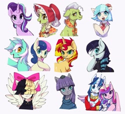 Size: 2048x1868 | Tagged: safe, artist:hosikawa, imported from derpibooru, bon bon, boulder (pet), coco pommel, coloratura, granny smith, lyra heartstrings, maud pie, princess cadance, princess flurry heart, shining armor, songbird serenade, starlight glimmer, sunset shimmer, sweetie drops, alicorn, earth pony, pegasus, pony, unicorn, my little pony: the movie, baby, baby pony, boulder (g4), bust, evil grin, eyes closed, female, grin, male, mare, open mouth, open smile, rock, simple background, smiling, stallion, white background, young granny smith, younger