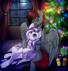 Size: 1806x1896 | Tagged: safe, artist:megabait, imported from derpibooru, oc, oc only, oc:snowdrop, pegasus, pony, christmas, christmas lights, christmas tree, holiday, night, oc x oc, present, shipping, tree, window