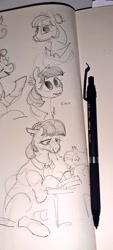 Size: 463x1024 | Tagged: safe, artist:alumx, imported from derpibooru, coco pommel, earth pony, pony, female, mare, mechanical pencil, mouth hold, needle, pencil drawing, photo, sewing machine, sketch, solo, traditional art