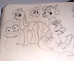 Size: 1024x839 | Tagged: safe, artist:alumx, imported from derpibooru, bon bon, sweetie drops, earth pony, pony, female, lying down, mare, monochrome, pencil drawing, photo, prone, sketch, solo, traditional art