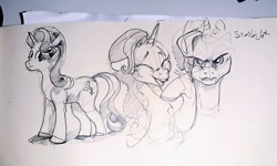 Size: 1024x616 | Tagged: safe, artist:alumx, imported from derpibooru, starlight glimmer, pony, unicorn, eyes closed, female, laughing, mare, monochrome, pencil drawing, sketch, solo, traditional art