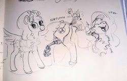 Size: 1024x651 | Tagged: safe, artist:alumx, imported from derpibooru, kerfuffle, pegasus, pony, amputee, butt, eyes closed, female, laughing, mare, monochrome, open mouth, pencil drawing, plot, prosthetic leg, prosthetic limb, prosthetics, raised leg, sketch, solo, traditional art