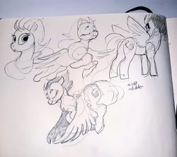 Size: 1024x912 | Tagged: safe, artist:alumx, imported from derpibooru, night glider, pegasus, pony, butt, eyes closed, female, flying, mare, monochrome, pencil drawing, photo, plot, sketch, solo, traditional art