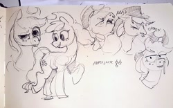 Size: 1024x639 | Tagged: safe, artist:alumx, imported from derpibooru, applejack, earth pony, pony, female, mare, monochrome, pencil drawing, photo, question mark, raised eyebrow, sketch, sneezing, snot, solo, traditional art