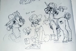 Size: 1024x686 | Tagged: safe, artist:alumx, imported from derpibooru, fresh coat, pony, unicorn, backwards ballcap, baseball cap, butt, cap, female, hat, mare, monochrome, paint, paint bucket, paint roller, paintbrush, pencil drawing, photo, plot, sketch, smock, solo, traditional art