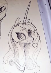Size: 721x1024 | Tagged: safe, artist:alumx, imported from derpibooru, princess cadance, alicorn, pony, bust, female, heart, mare, monochrome, offscreen character, pencil drawing, photo, sketch, solo, traditional art