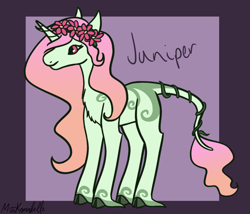 Size: 1750x1500 | Tagged: safe, artist:misskanabelle, imported from derpibooru, oc, oc only, oc:juniper, pony, unicorn, abstract background, chest fluff, female, floral head wreath, flower, hoof fluff, horn, mare, offspring, parent:oc:everfree dryad, parent:tree hugger, parents:canon x oc, signature, solo, unicorn oc